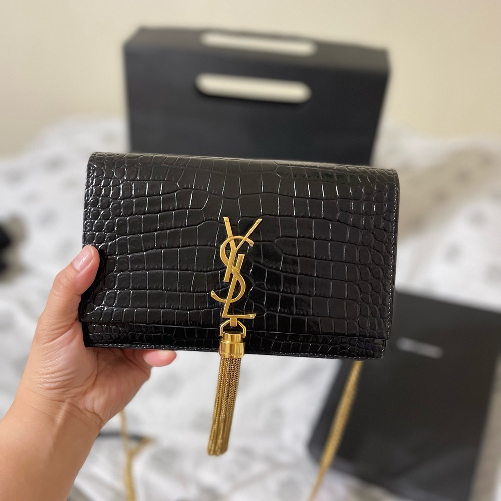 YSL KATE CHAIN WALLET crocodile embossed leather
